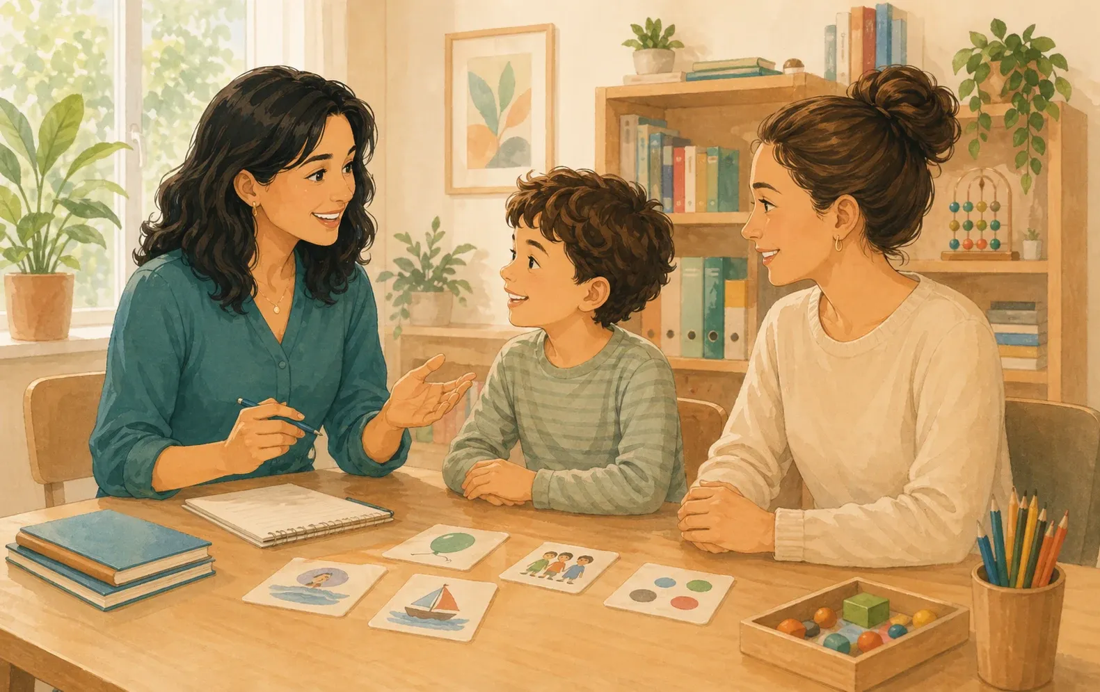 Logopädin Emel Şimşek-Uçar im Beratungsgespräch mit Familie in der Praxis Duisburg